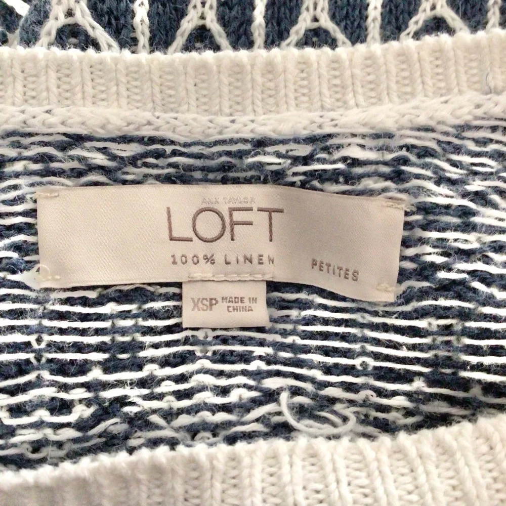 LOFT Blue and Ivory Linen Ikat Pullover Long Sleeve Sweater XSP